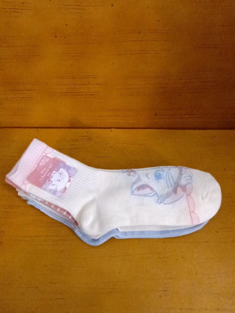 Disney Ivory Crew Socks with Pink and Light Blue Cartoon Detail